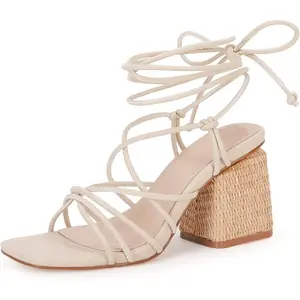 Coutgo Women's Lace Up Chunky Braided Heel Sandals Square Toe Strappy Ankle Strap Heels