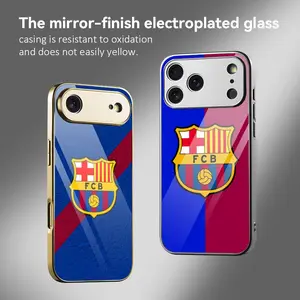 Famous Team B-Barcelona Phone Case Electroplated Metal Frame Case for iPhone 17 16 15 14 13 12 Pro Max Plus, Mirror Tempered Glass Back Phone Cover, Shockproof Anti Scratch Slim Luxury Protective Case, Matte Finish Camera Protection Trendy Accessories