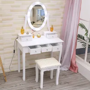 OUTGOODS Modern Kids' Bedroom Stylish Illuminated 360° Makeup Vanity Set, Including Vanity Desk, Stool, 360° Swivel Oval Mirror, 5 Drawers and 3-Color LED Lights, Stylish Makeup Vanities