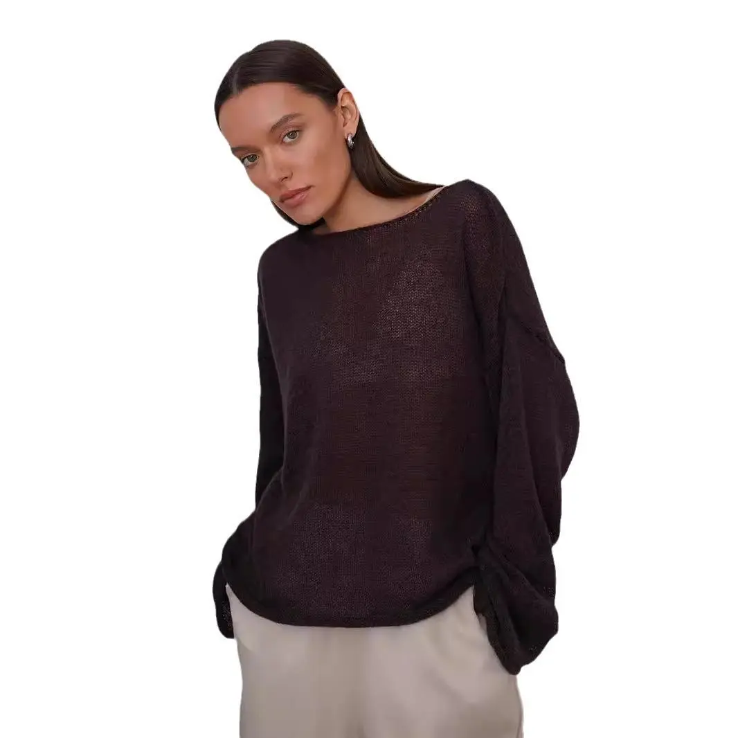 【Soft Mood】Women's Solid Crewneck Long-Sleeve Crochet Accent Sweater - Soft Knitted Fabric, Oversized Loose Batwing Fit, Minimalist Basic Winter Fashion, Lightweight Beach Bikini Cover-Up, Party Casual Ootd, Hand Wash, Size S, Boat, Solid Plain, Ribbed Tr