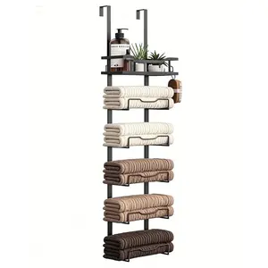 Aetyord No-Drill 6-Tier Towel Rack! Metal Over-Door with Storage Basket – Fix Bathroom Clutter Fast! Holds Rolled Towels, Fits Small Baths/RVs/Campers. Easy Install, No Holes!