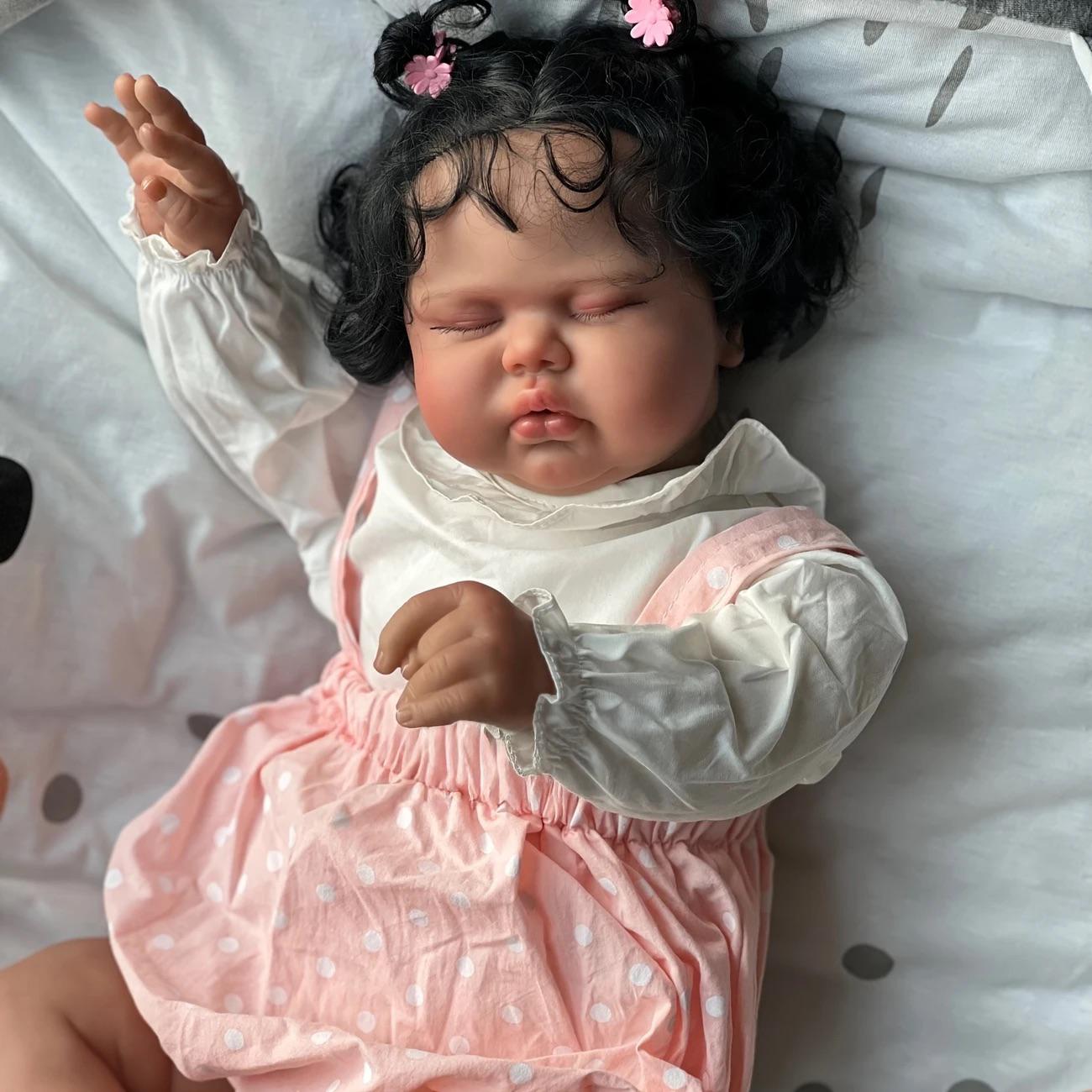 Reborn Baby Doll 19 Inch Afro Newborn Babydolls Lifelike Soft Cloth Body Cuddy Face Rooted Curly Black Hair with Feeding Set Birthday Gift For Kids 3+