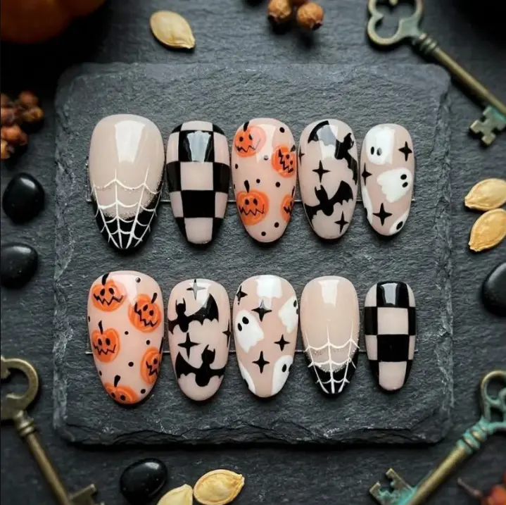 Halloween Press On Nails Short Almond, Ghost Bat Pumpkin & Spiderweb Art
