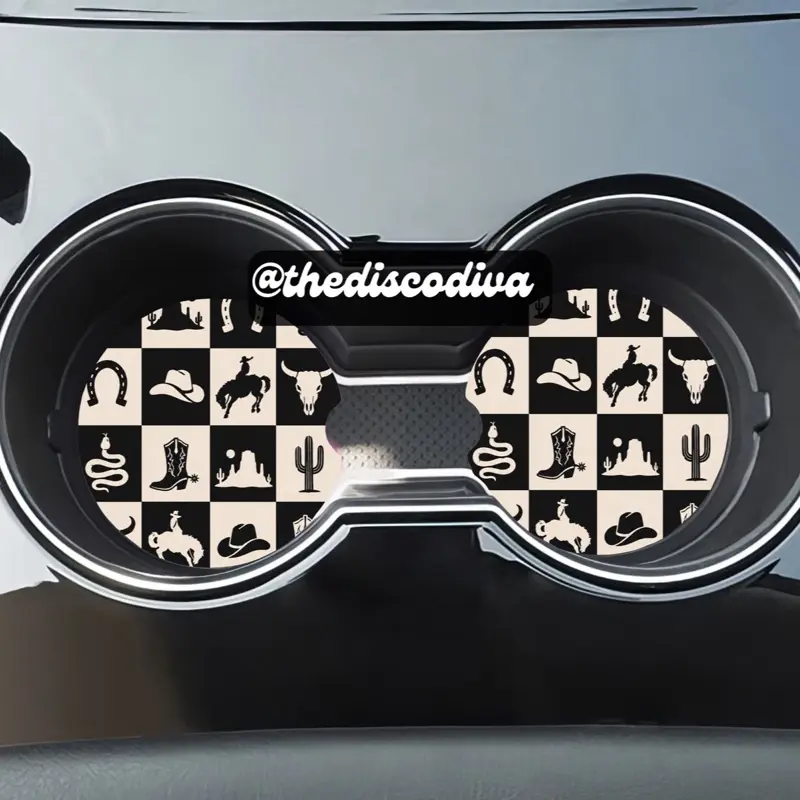 Car Coasters - 2.75 in Checkered Western Icons Design, Cute Car Accessories with Minimalist Stylish Interior Glitter Accents & Breathable Material