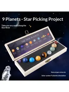 Crystal Ball Nine Stars Wooden Box Set Crystal Ore Specimen Solar System Planet Set Spiritual Manifestation Chakra