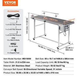 VEVOR Belt Conveyor, 59x 19.7 inch Conveyor Table, Heavy Duty Stainless Steel Motorized Belt Conveyor for Inkjet Coding Applications Powered PVC Belt Anti-Static Adjustable Speed (Double Guardrail)