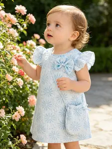 Blue 3D Textured Baby Girl Dress with Crossbody Bag, Sweet Bow Summer Outfit for Daily/Birthday/Party
