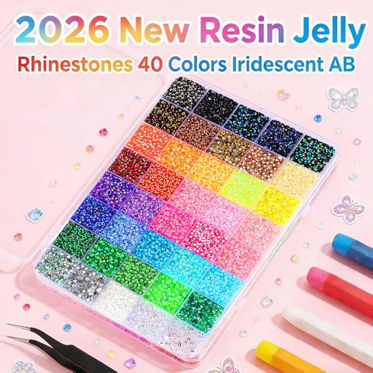 40000Pcs 40 Colors 3mm Jelly Rhinestones Kit for Bedazzling, Includes Tools & Tweezers, Flatback Resin Gems for DIY Crafting, Nail Art, Diamond Art, Phones Case & Makeup Supplies