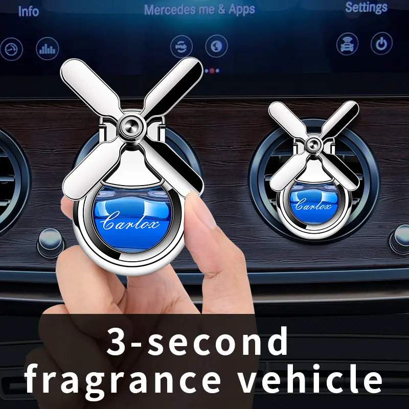 Car aromatherapy device that clips onto the air vent; it rotates to disperse fragrance, has a pleasant scent, and can dissolve unpleasant odors inside the car.