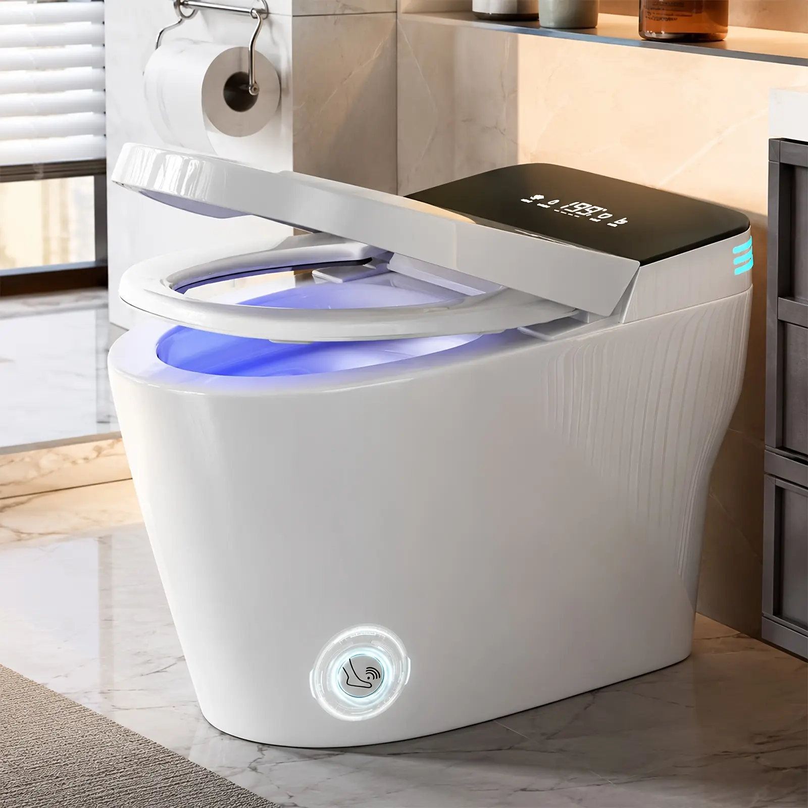 Smart Toilet With Bidet Built In Auto Open/Close & Foot Sensor Flush Heated Seat  Water Wash   Remote Control Led Night Light One-Piece Elongated Toilet