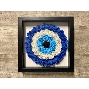 Evil Eye Wall Hanging, House Protection, Home Decor 4 Pack -- 9” x 9” Handmade Evil Eye Nazar Boncuk Mal De Ojo Rose Flower Shadowbox