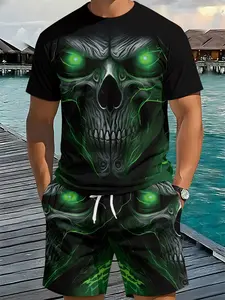 Men's Dark Skull Fluorescent Suit 3D Digital Printed Two-piece Set, 2Pcs, Trendy Fashion Outfit, Retro Casual Two-piece Suit, Vacation-style Trendy Wear, Breathable Sports Fitted Casual Style, Perfect Festival Gift for Men