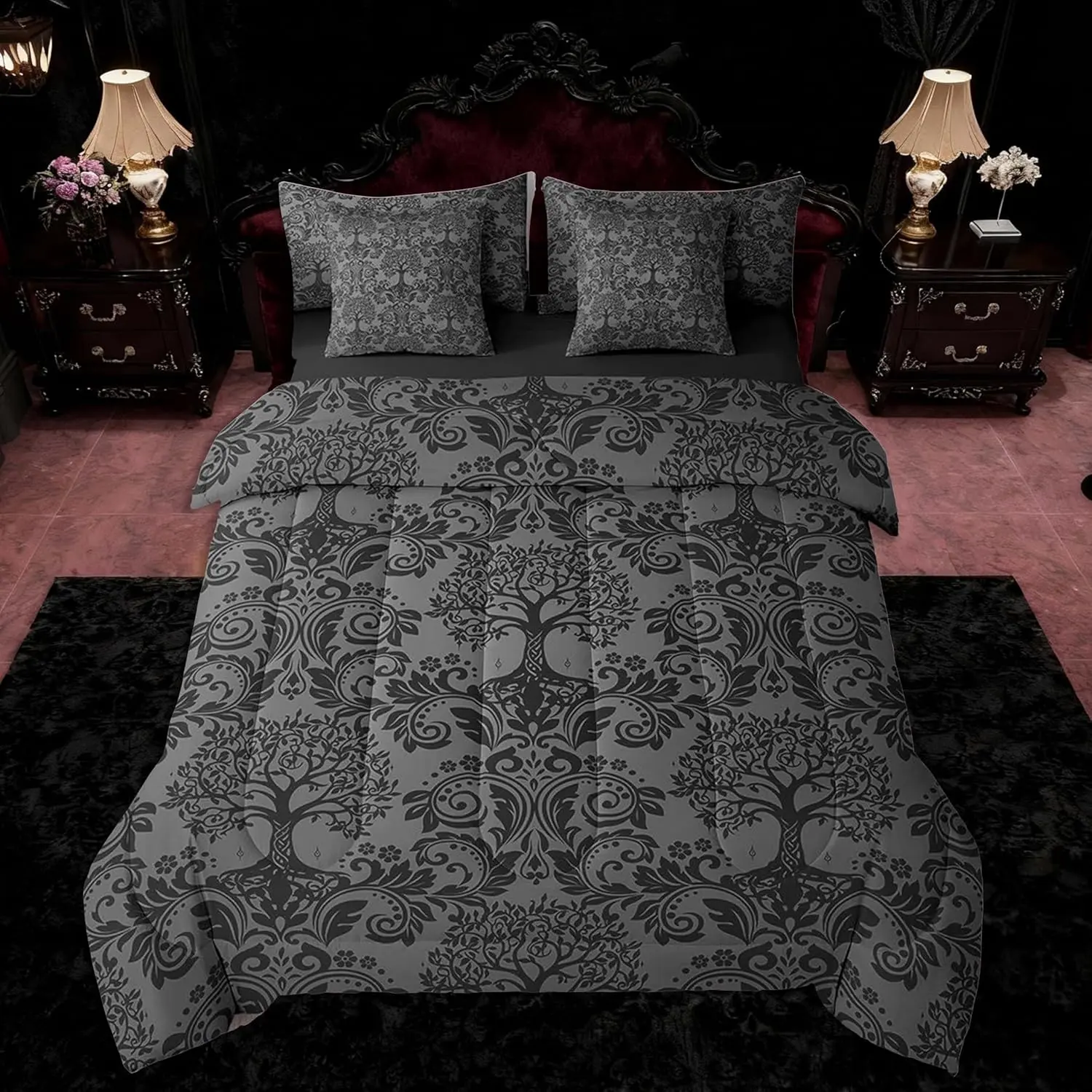 Adults Gothic 7 Pieces Comforter Set Dark Olive Green Damask Tree of Life Bohemia Boho Bedding Set Goth Vintage Victorian Baroque Floral Bed in a Bag