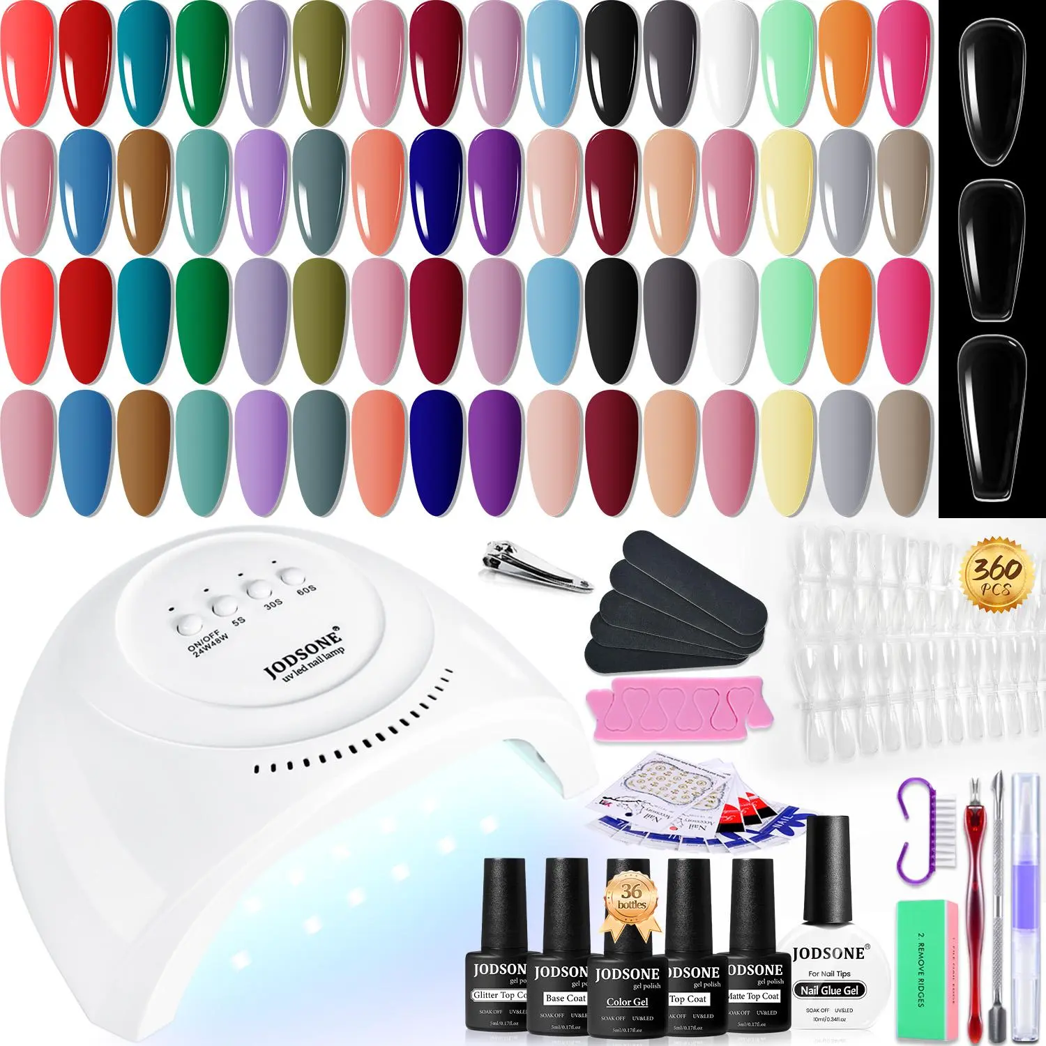 JODSONE Glitter Gel Nail Polish Manicure Kit - 32 Cute Glitter Shades, UV Lamp, 4 Base & Top Coats, 3 Fake Nail Tip Shapes & Glue, Gel X At-Home Teen Gift Cosmetic Set for Manicure Needs