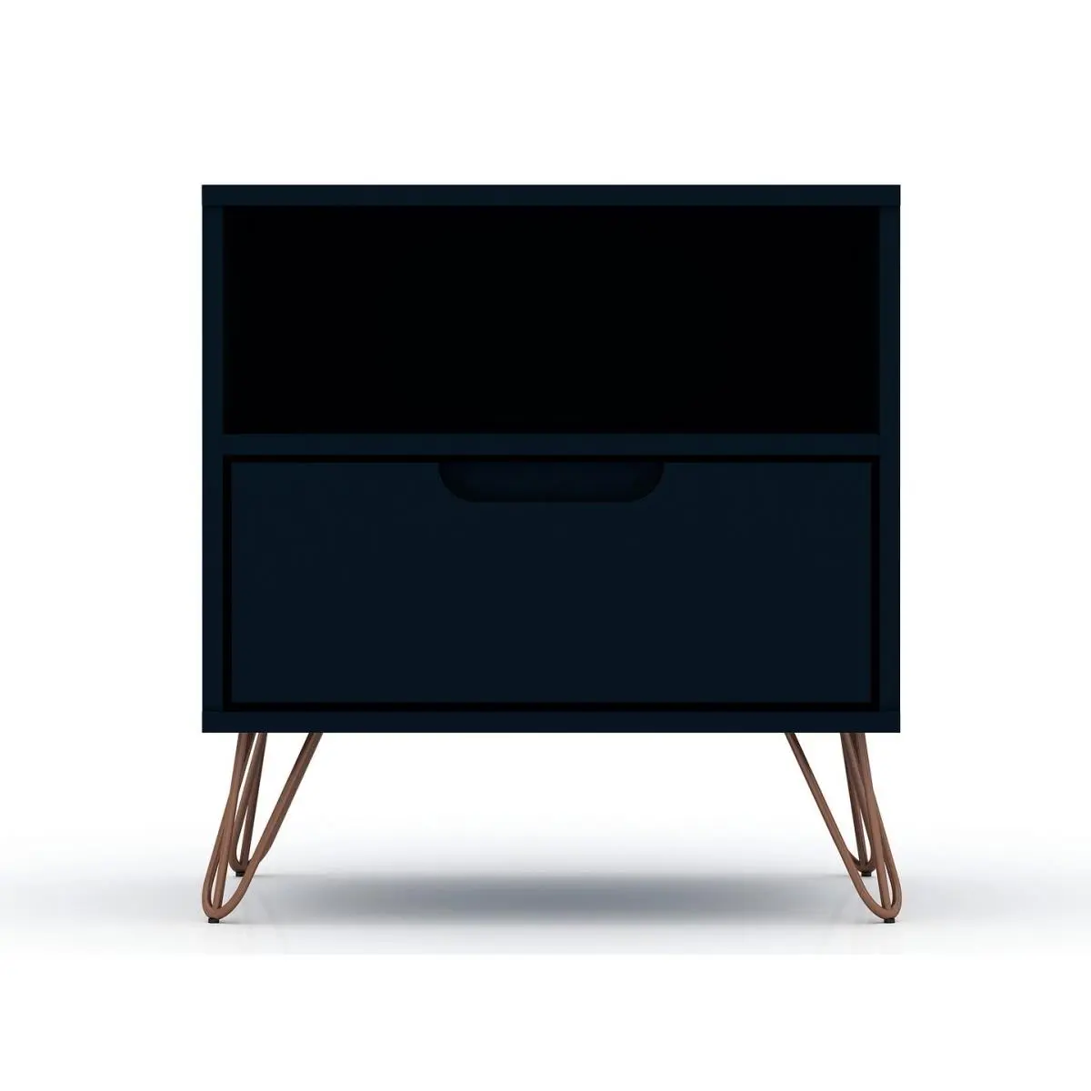 212 MAIN Mid-Century Modern Rockefeller 1.0 Nightstand - Matt, 1-Drawer with Cutout Handles, MDF Frame, Metal ft, Open Shelf, Tatiana Midnight Blue, 21.65x20.08x17.62in, Metal Feet