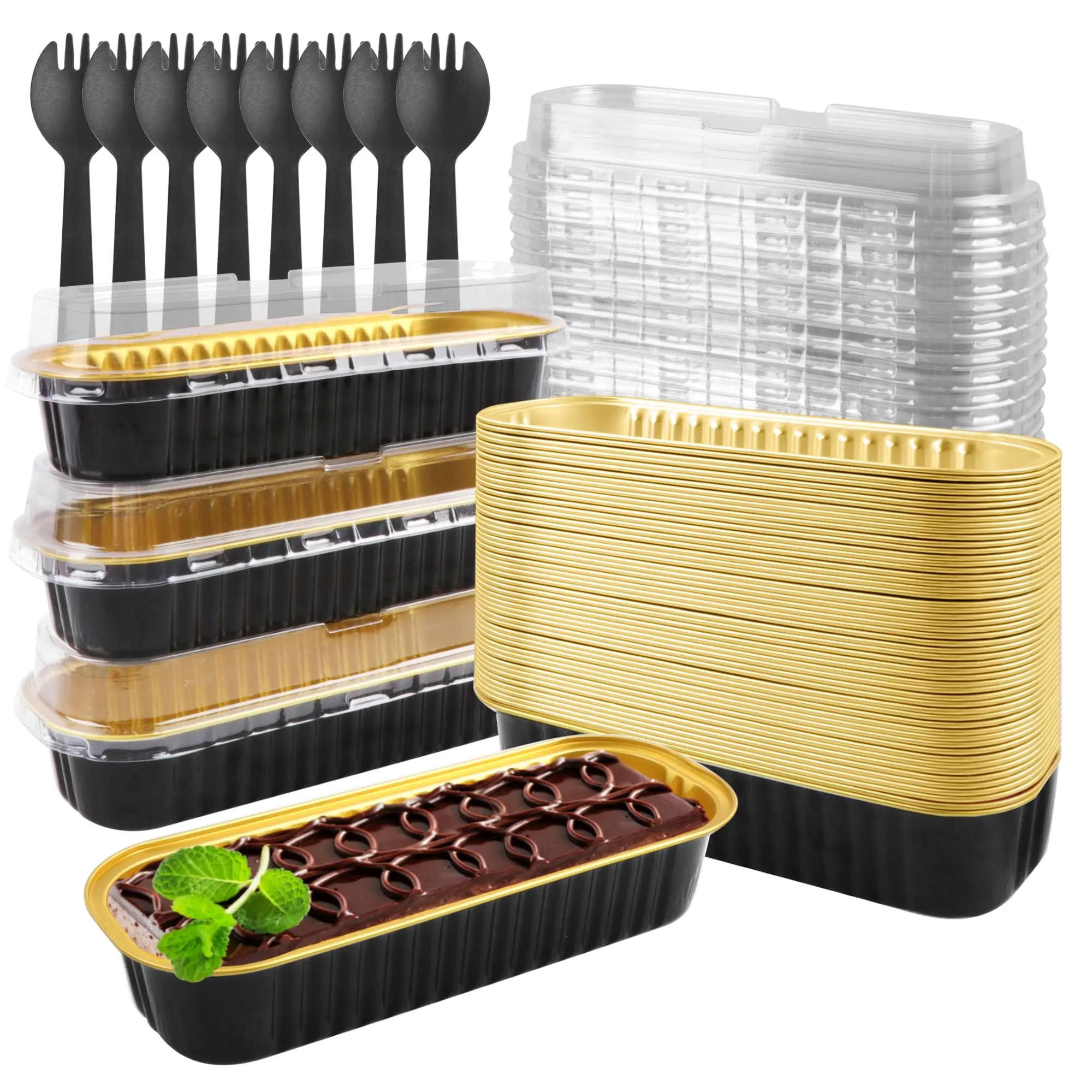 6.8 oz Rectangular Mini Baking Pan with Lid, Mini Cake Mould 50 Pack, Disposable Mini Baking Pan, Cupcake Container for Brownie Bread Cheesecake