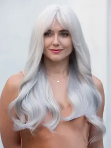 Odelia White Wig with Bangs Long Wavy Silver Wig with Light Blue Highlights Cosplay White Silver Wig