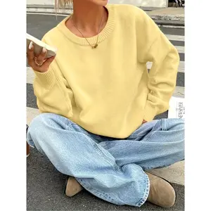 Essential Elegant Round Neck Pullover Sweater, Soft Solid Color Loose Fit, Casual & Formal Wear for Fall Winter
