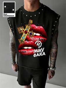 Men's Summer Casual Soft Crewneck Vest, Gem Cross & Lip Graphic Print, Rivet Details, Breathable Fabric, Sporty Style, Sleeveless, All Seasons, Cross Letter Print