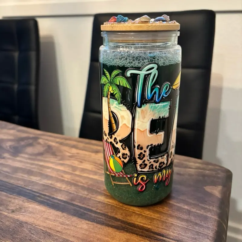 Coastal Beach Snow Globe Tumbler | Ocean Inspired Glitter Cup | Beach Lover Drinkware | Seashell Tumbler | Summer Iced Coffee Cup