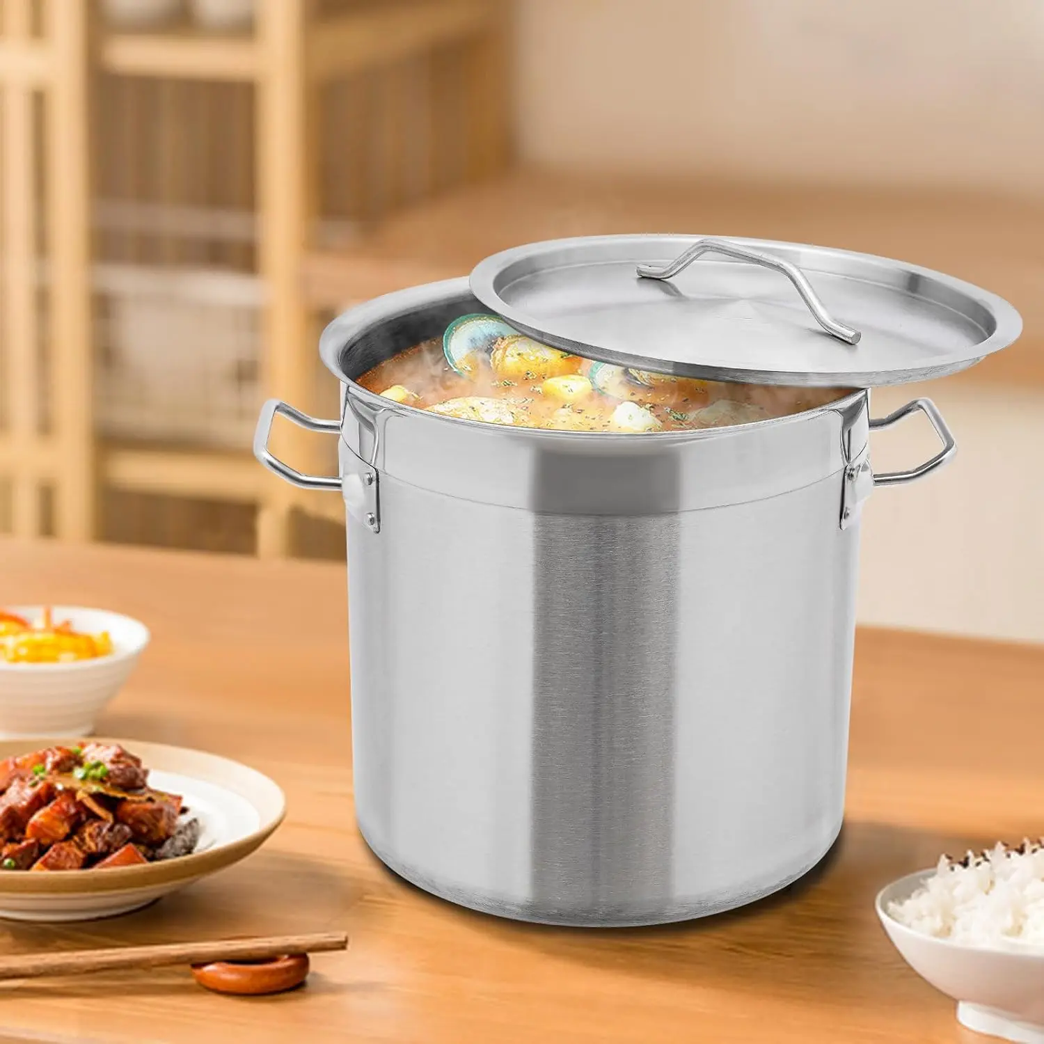 Commercial Grade Large Stock Pot, 4Gal Large Capacity Cooking Pot 201 Stainless Steel Soup Pot with Lid Heavy Duty Induction Stockpots for Seafood Cooking