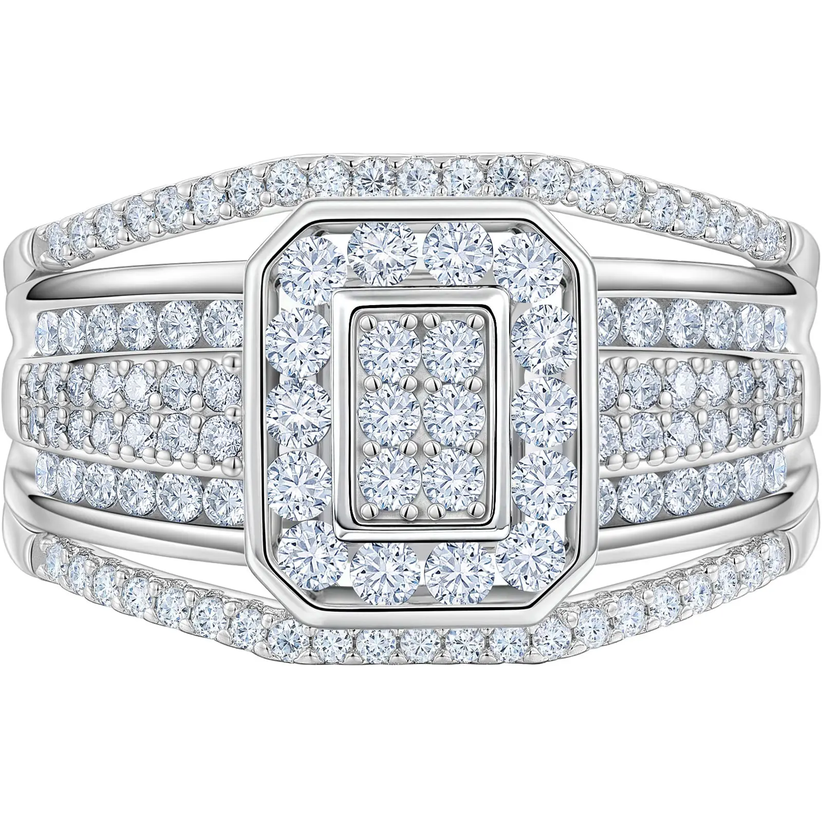 Heinlov Moissanite Mens Wedding Band 925 Sterling Silver D VVS1 Size 9-12 114 round stones 1.5ct total 15.5mm 7.66g silver weight multi-row geometric wide mens moissanite ring, wedding band for man