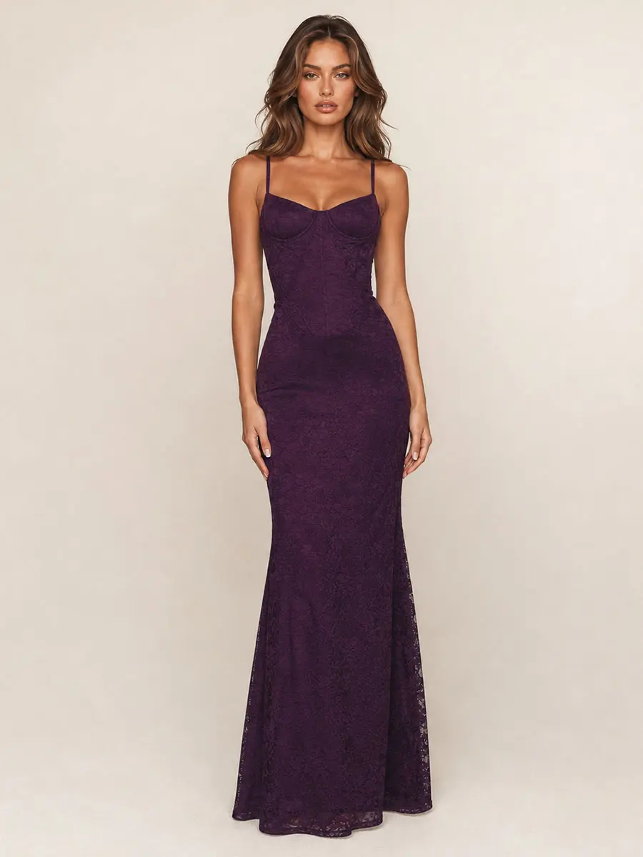 Plum Lace Corset Maxi Dress – Spaghetti Strap Sweetheart Bustier Gown with Scalloped Hem