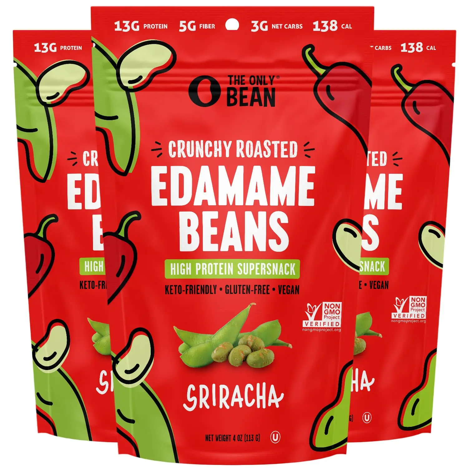 Crunchy Roasted Edamame Snack (Sriracha), High Protein Snacks (13g) Healthy Protein Chips, Keto Friendly Food (2g Net), Plant-Based Vegan Snacks, Office Snacks, Spicy Snack, 4oz (3 Pack)