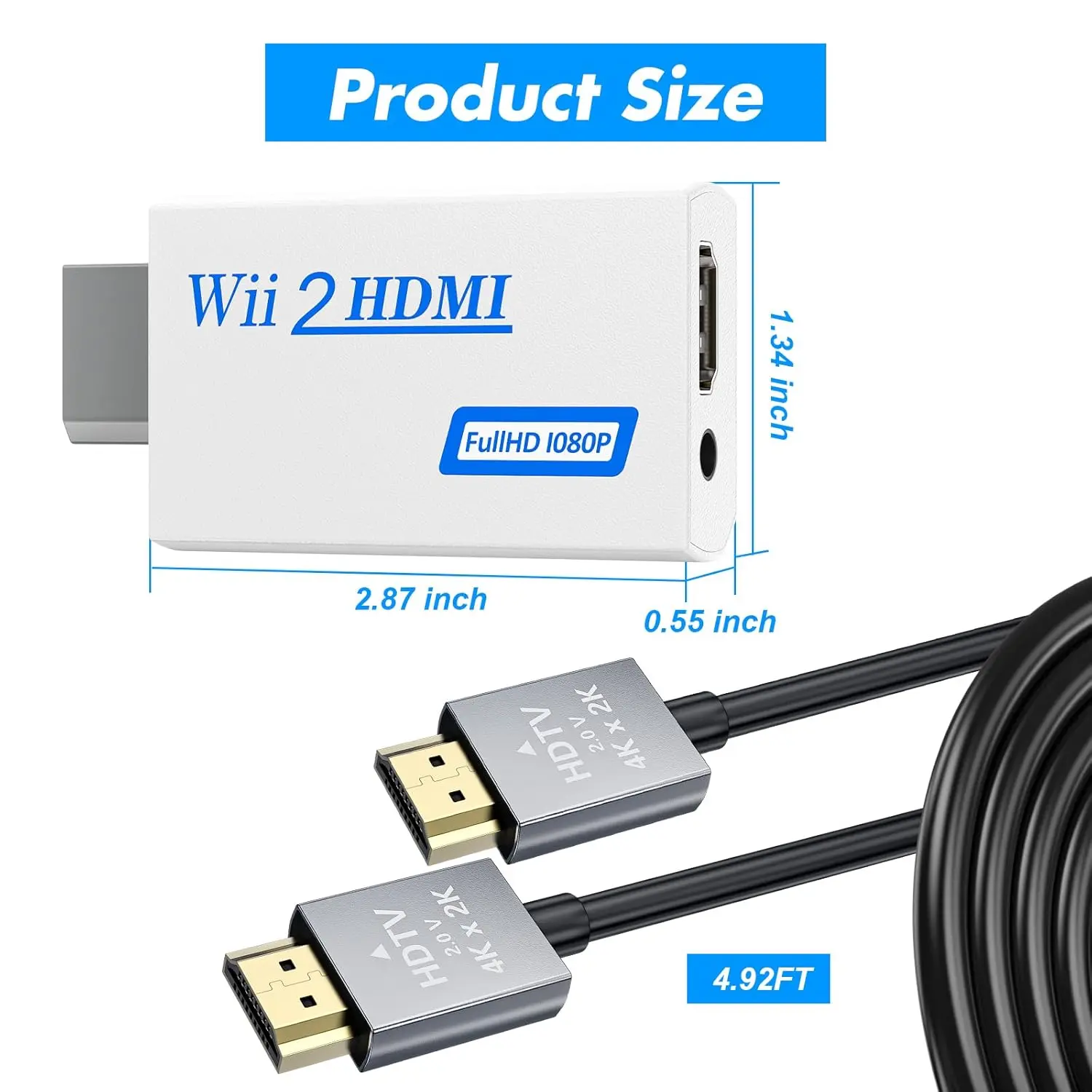 Wii HDMI Adapter 1080P with 3.5mm Audio Jack, HDMI Converter with 4.92ft HDMI Cable Compatible with Wii/Wii U Accessories Bundle Kits (HDMI Converter+HDMI Cable)adapter converter