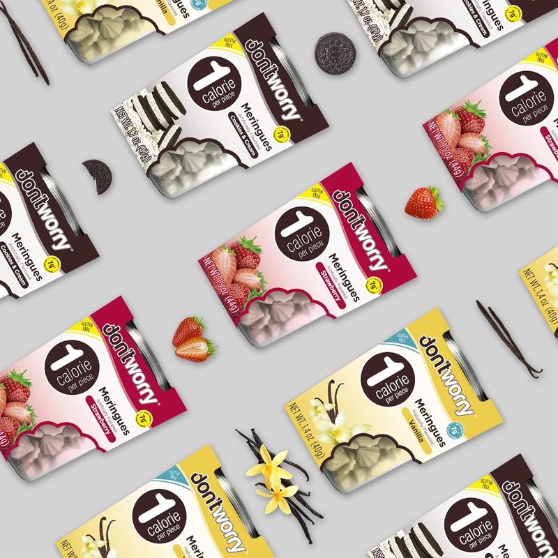 Don't Worry Low Calorie Meringue Cookies - 4 Pack - Strawberry and Vanilla, Just 1 Calorie per Piece | Low Sugar Candy, Gluten Free, Protein Snacks | Keto Friendly and Healthy Snacks for Adults