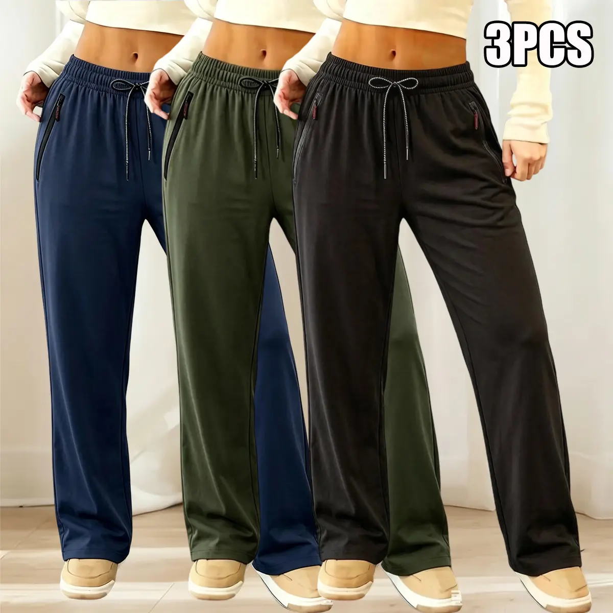 Women's 3-Pack Plain Polyester Casual Sport Cargo Pants with Zip Pockets, Suitable for Spring-Autumn Outdoor Hiking, Camping,clothes for back to school,first day of school outfits