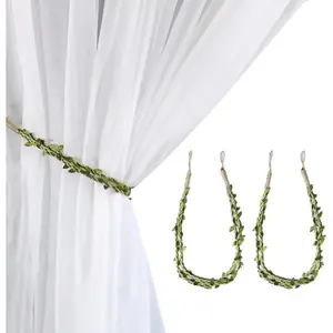 Curtain Tiebacks Ropes  Burlap Rope Holdbacks with Artificial Vines  Foliage Ivy Leaf for Rustic Wedding Party  Decorative Curtain Holders, Set of 2