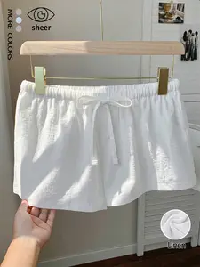 Women's Linen Shorts Summer Loose Fitted Drawstring Elastic Waist Wide Leg Micro Mini Shorts Soft Low Rise Bottom Texture Short Lounge Boxers Pants Classical Solid Color Breathable Beach Shorts Half Slip Pj Bottoms French Knickers Underwear