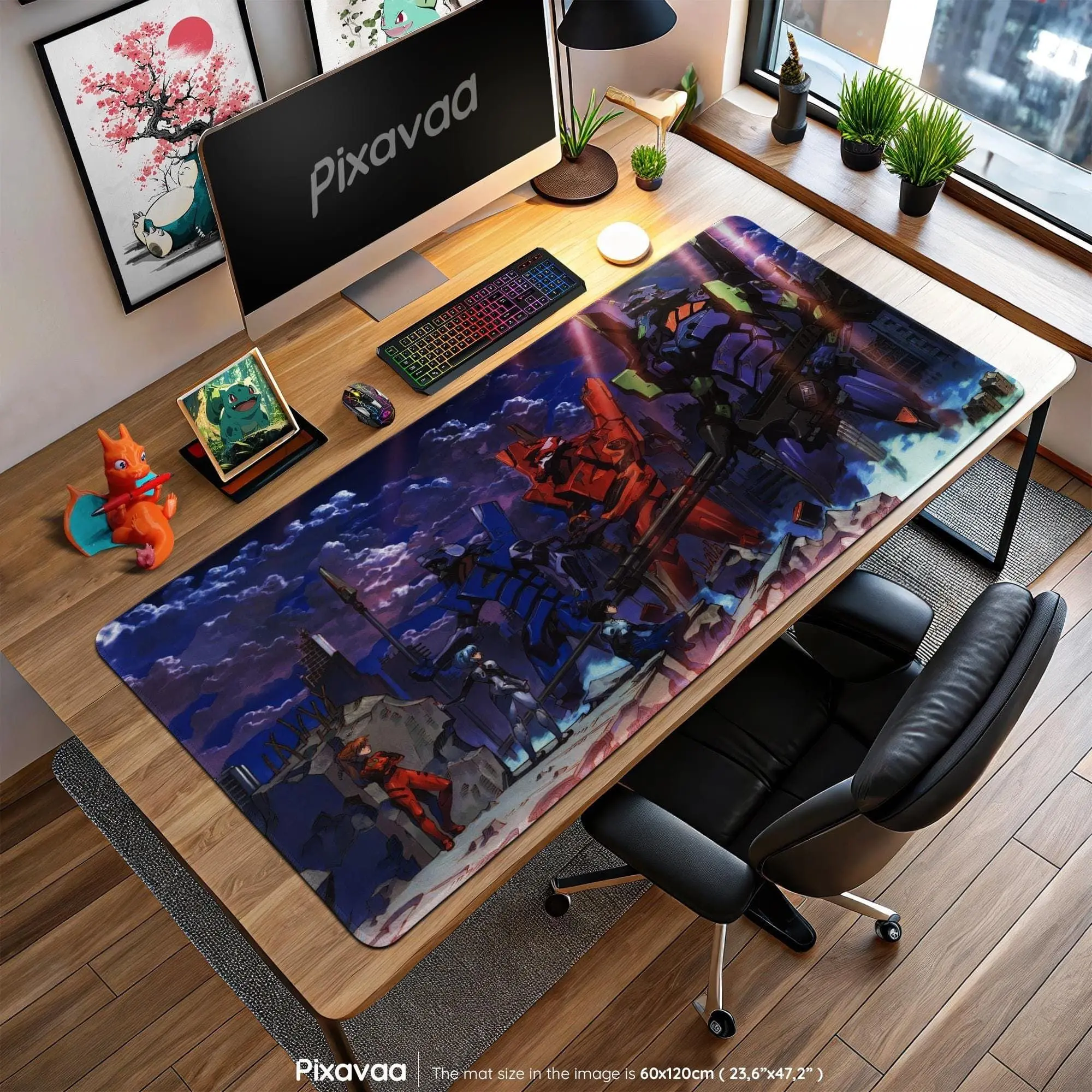 Evangelion Mecha Battle Mouse Pad - Eva Units with Pilots in Ruins, Anime Desk Mat, NERV Gaming Setup Gift