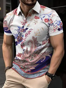 Men's Floral Print Polo Shirt Short Sleeve, Casual Fitted Design, Perfect for Daily Wear and Outdoor Sports, Fashionable Holiday Gift