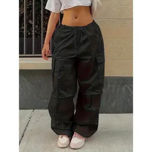 Plus Size Casual Pants, Women's Solid Elastic Waist Loose Cargo Jogger Pants, with Flap Pocket