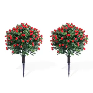 UV Resistant Artificial Rose Topiary Bushes Set of 2, with Ground Spike, Indoor Outdoor Faux Plants for Garden, Patio, Porch, Planter Decor