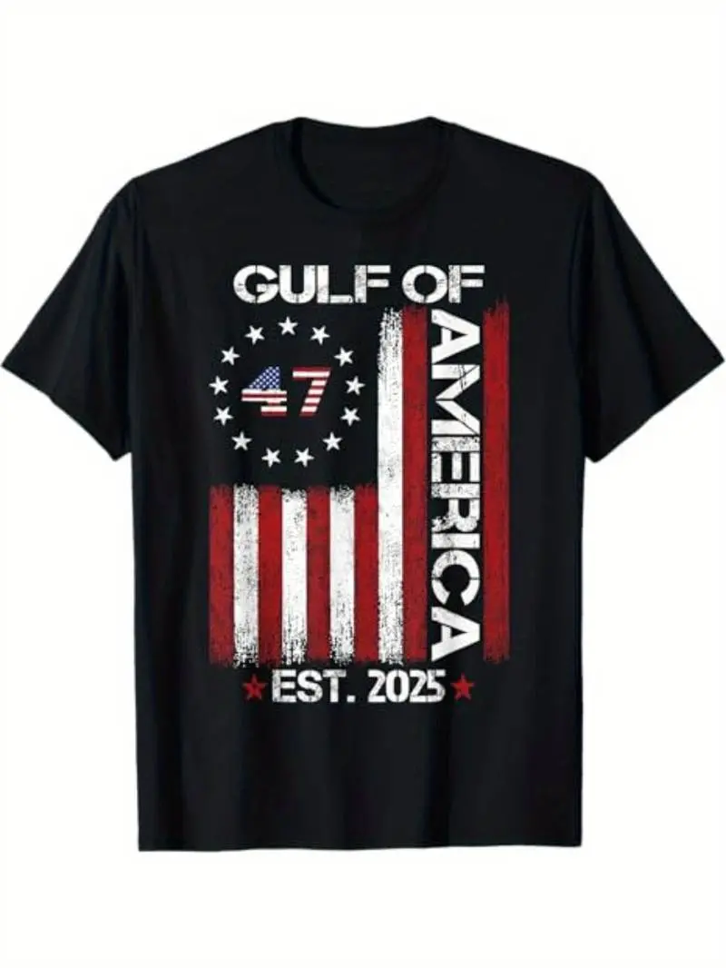 Summer t Shirts Men's 100% Cotton "Gulf of USA Est. 2025" Patriotic T-Shirt - American Flag Design