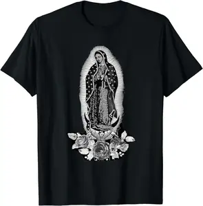 [100% Cotton] Black T-Shirt With Classic Our Lady Of Guadalupe Artwork And Floral Details