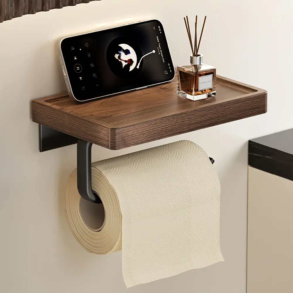 Walnut Wood Toilet Paper Holder, Wall-Mounted Roll Dispenser, Bathroom Storage Rack, Bathroom Organizer Supplies, Bathroom Organization, Bathroom Accessories, Space-Saving Design, Durable & Stylish