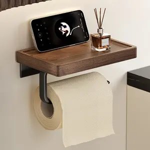Walnut Wood Toilet Paper Holder, Wall-Mounted Roll Dispenser, Bathroom Storage Rack, Bathroom Organizer Supplies, Space-Saving Design, Durable & Stylish