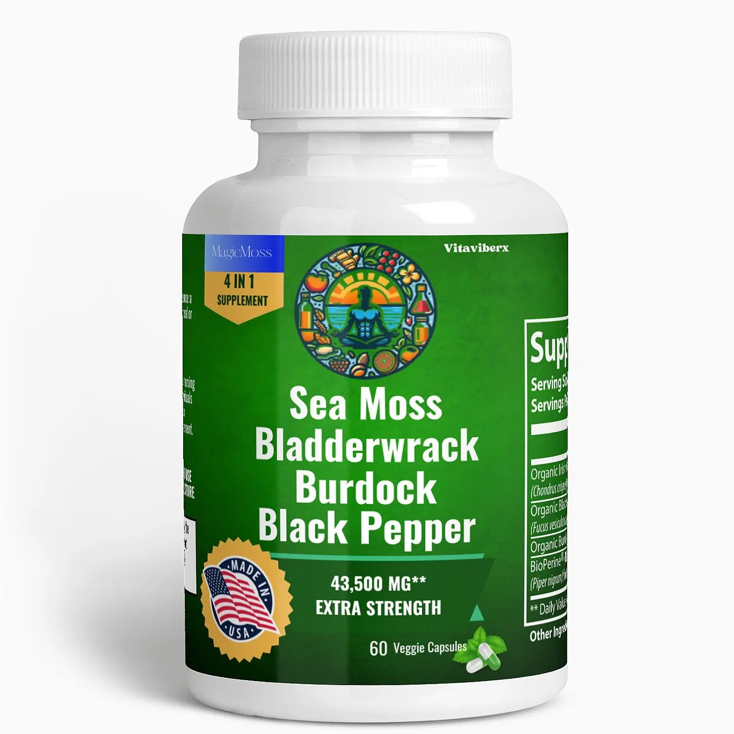 VitaVibeRX Sea Moss Supplement 43,500mg 4in1, 5 Super Ingredients, Extra Strength & High Potency, 60 Capsules, MADE IN USA