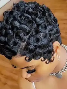 Short Pixie Cut Wig Synthetic Wavy Wigs For Women Black Wig Brown Wig Red Wig Short Haircut Wig With Bangs Synthetic Wig Wavy