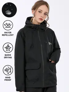 Women's Waterproof Hooded Jacket, Windproof Lightweight Outdoor Hiking Soft Shell Coat, Zipper Pockets, Breathable Foldable Quick Dry Outerwear, Athleisure Style