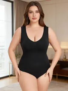 【Plus Size】 Solid Color Seamless Shapewear Bodysuit, Tummy Control Butt Lifting Shaper, Women's Shapewear for Daily Wear, Compression