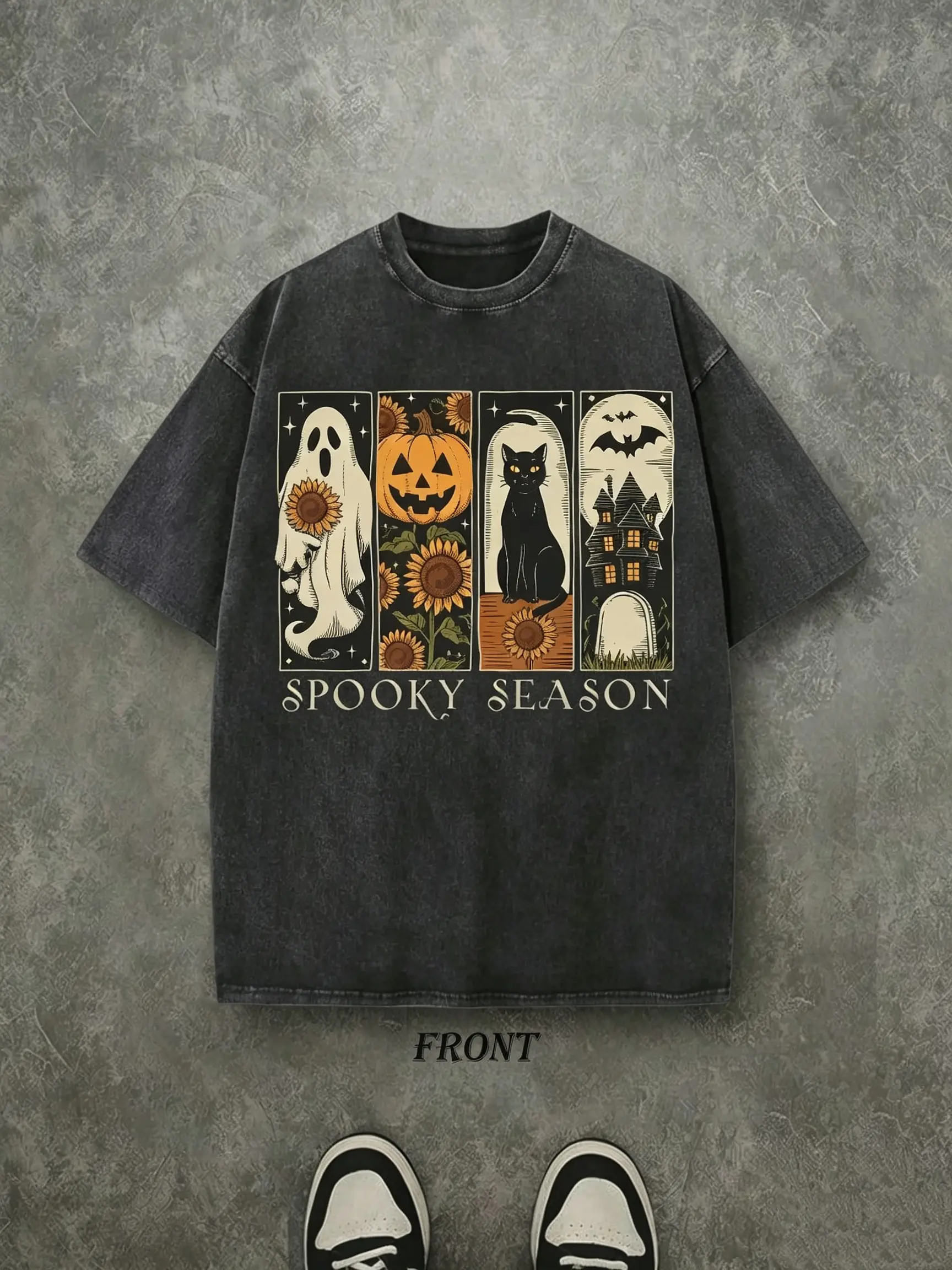 Men's Short-Sleeve Vintage Spooky Cotton T-Shirt - Washed Black Oversized Crewneck, 4-Panel Ghost Pumpkin Black Cat Haunted House Sunflower, Retro Fall Gothic Floral Holiday Streetwear Gift Top