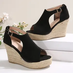 Women's Fashionable Peep Toe Wedge Sandals, Trending Sandals, Casual Hollow Out Design Buckle Decor Flatform Shoes, Beach Party Vacation Footwear