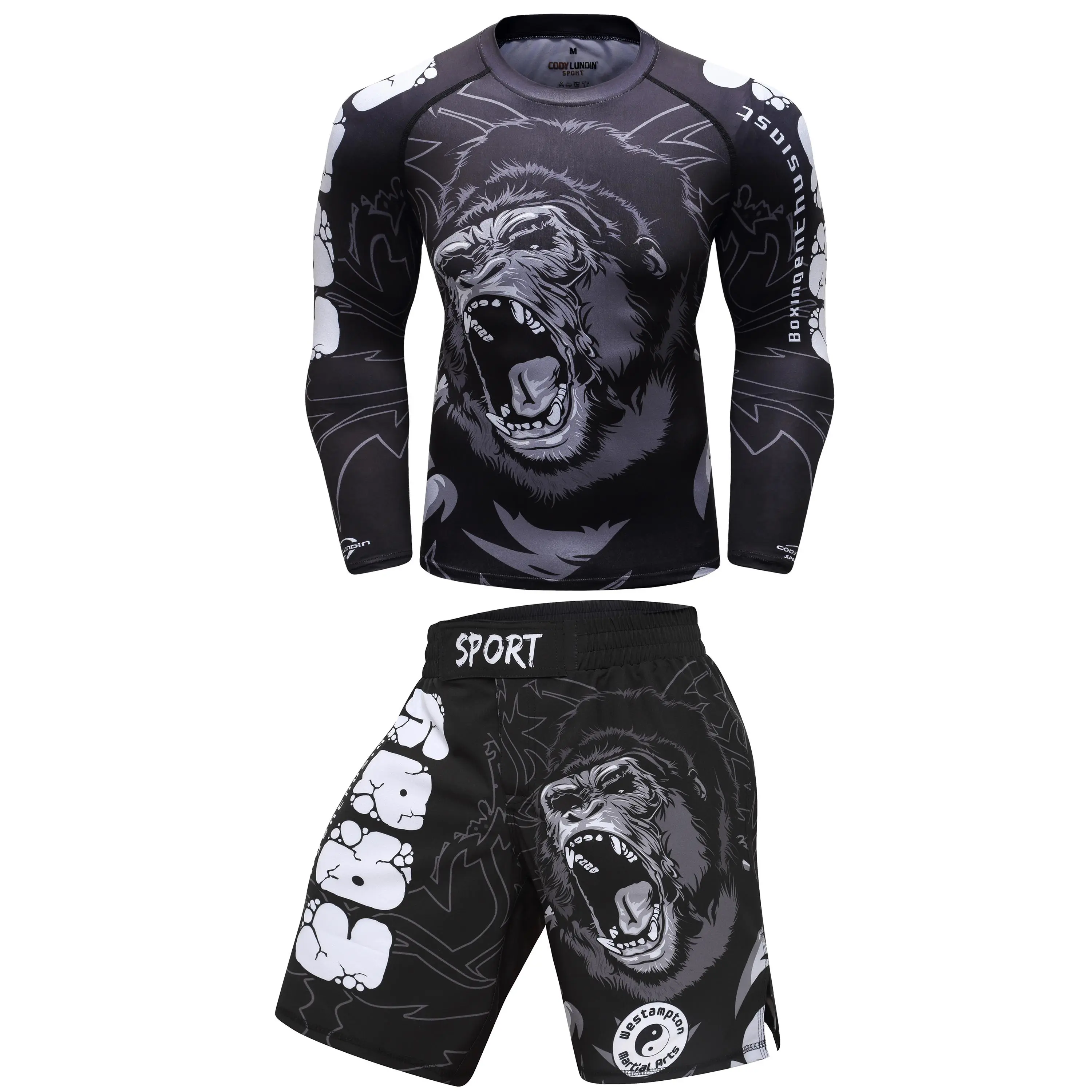 Men's 4-Piece Rashguard Set, Long Sleeve Compression Shirt & Leggings, Beast Print Polyester Blend for MMA & BJJ, Quick-Dry with Sun Protection, Long Sleeve Shirt