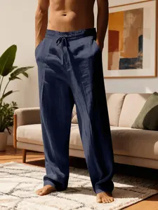 Men's Linen Plain Classic Casual Long Pants with Pocket, Breathable Comfort Fashion Versatile Trousers, Perfect for Vacation, Unisex Style