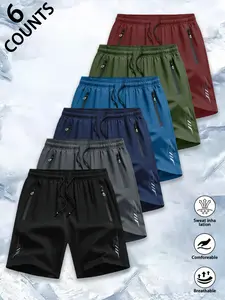 Men's Gym Shorts 6-Piece Set - High-End Ice Silk Quick-Drying, Drawstring Elastic Waist, Safety Zipper Pocket, Reflective Details, Quick-Fit Elastic Multifunctional Stretch Men's Shorts for Gym, Running
